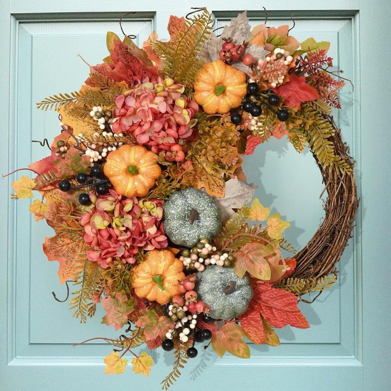 24\\\" Artificial Fall Half Wreath for Front Door Autumn Wreath with Velvet Pumpkin Dahlia Maple and Ribbon for Halloween Thanksgiving Day Indoor Outdoor Farmhouse Window Wall Décor Paeonia Lactiflora Pumpkin (Similar To Stock Photo) 