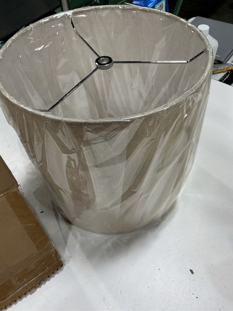 Condition photo showing New/Like New for 10" wx 10" h drum lampshades, no assembly required, fabric lampshade for table lamp, bedside lamp, floor lamp, metal spider fitter, beige