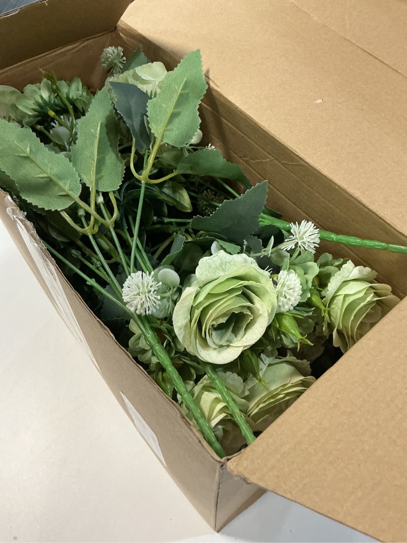 Condition photo showing New/Like New for Domensi 6 Sets Wedding Centerpiece for Table Decoration Artificial Fake Rose Flowers with Metal Vase, Faux Silk Rose Bouquet Floral Arrangements for Bridal Shower Home Dining Party (Sage Green) Sage Green 6