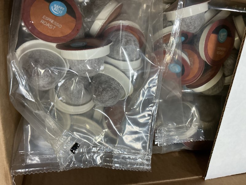 Condition photo showing New/Like New for (Best by:02/28/27)Amazon Brand - Happy Belly Espresso Roast Compostable Coffee Pods (Dark Roast), Compatible with K-Cup Brewer, 96 Count