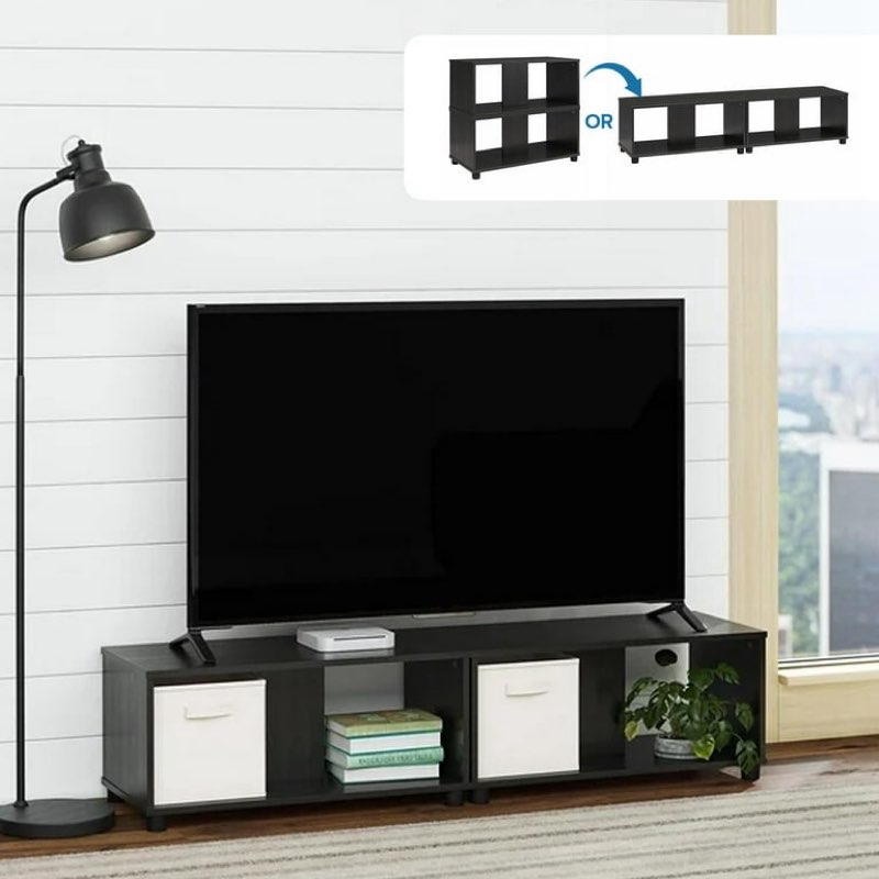 mainstays expandable side by side or stacking tv stand for tvs up to 70 inches, black oak