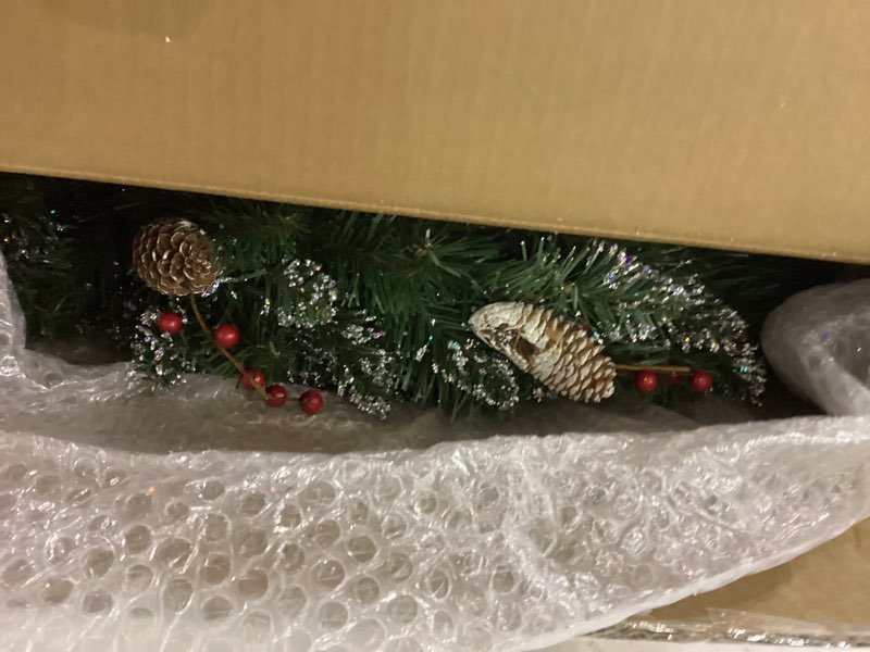 Condition photo showing New/Like New for National Tree Company Pre-Lit Artificial Christmas Wreath, Green, Glittery Mountain Spruce, White Lights, Decorated with Pine Cones, Berry Clusters, Frosted Branches, Christmas Collection, 24 Inches
