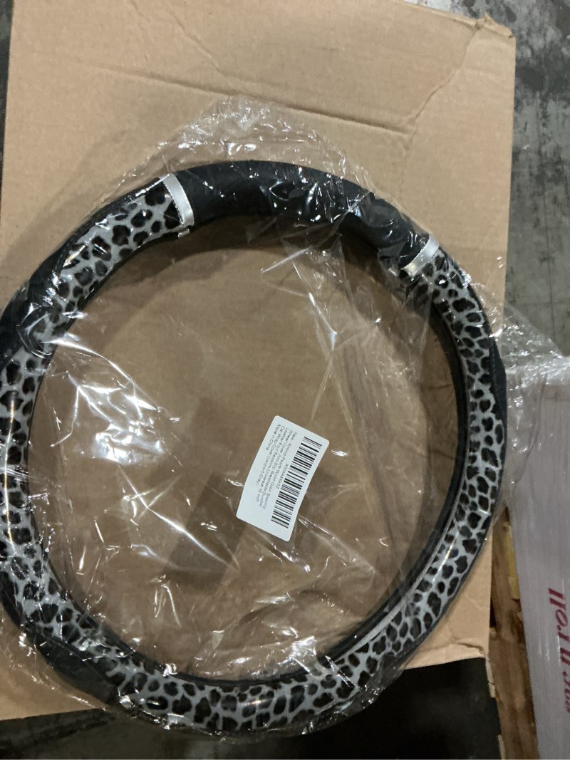 Condition photo showing New/Like New for peach wood grain steering wheel cover anti-slip breathable durable leather four seasons universal 15 inch car wrap cover (leopard-gray)