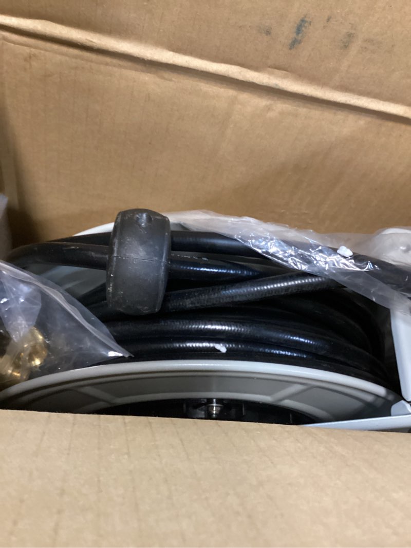 Condition photo showing Good Condition for giraffe tools pressure washer hose reel with 65ft replaceable hose, power washer retractable hose reel, heavy duty, wall/floor mounted, 3200 psi