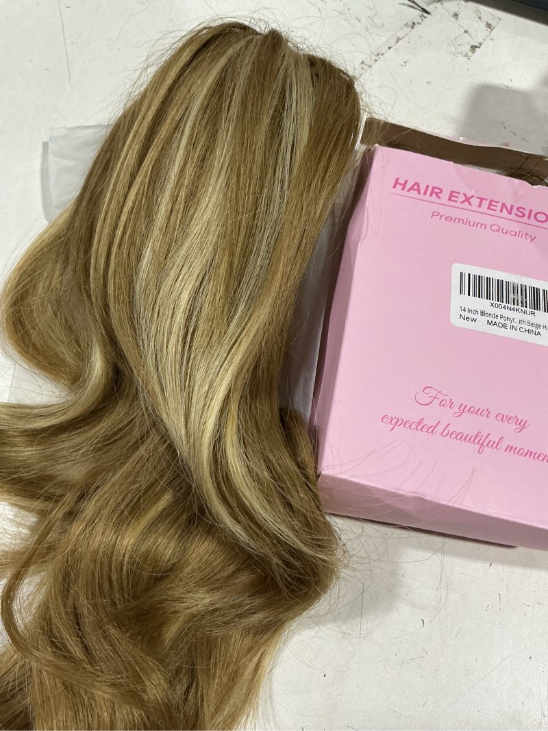 Condition photo showing New/Like New for CJL HAIR 14" Short Ponytail Hair Extension Wrap Around Pony Tail Clip in Curly Wavy Synthetic Fake Hairpiece for Women Dirty Blonde Dirty Blonde 14 Inch (Pack of 1)