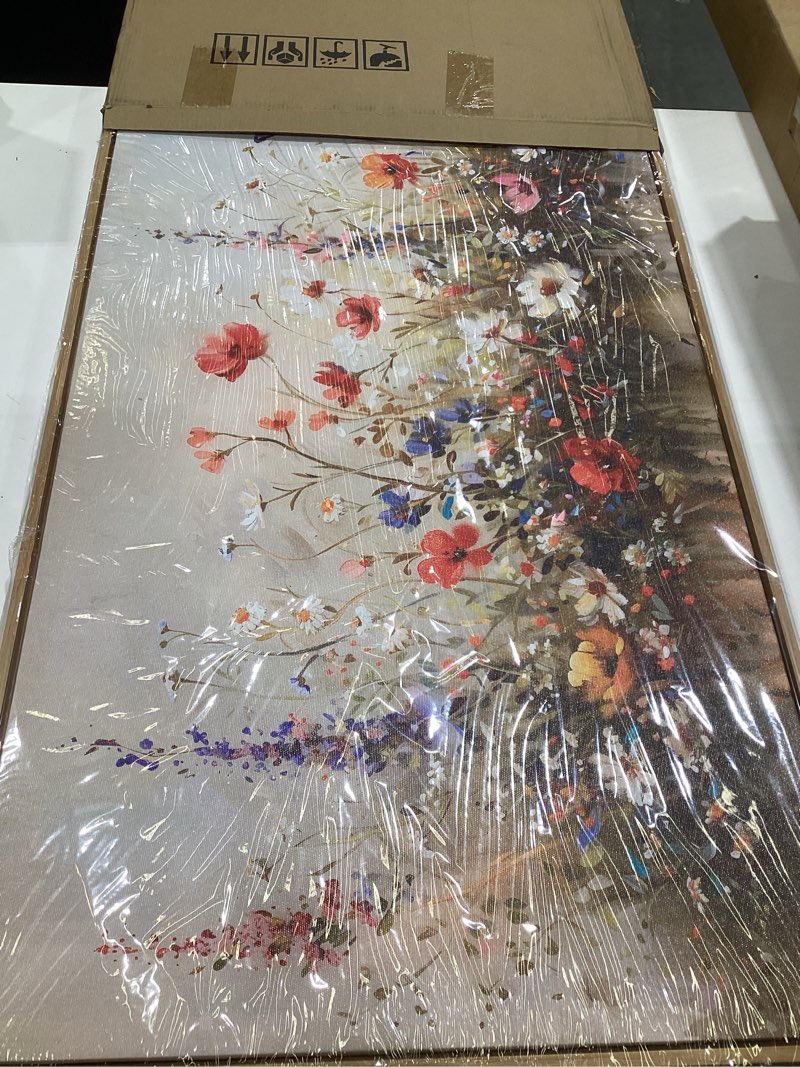 Condition photo showing Good Condition for hyidecorart wood framed canvas print wall art living room boho wall decor for bedroom farmhouse pastel watercolor wild flowers nature field landscape wall paintings pictures office wall art decor 48"l x 24"w flower abstract wall paintings wood framed