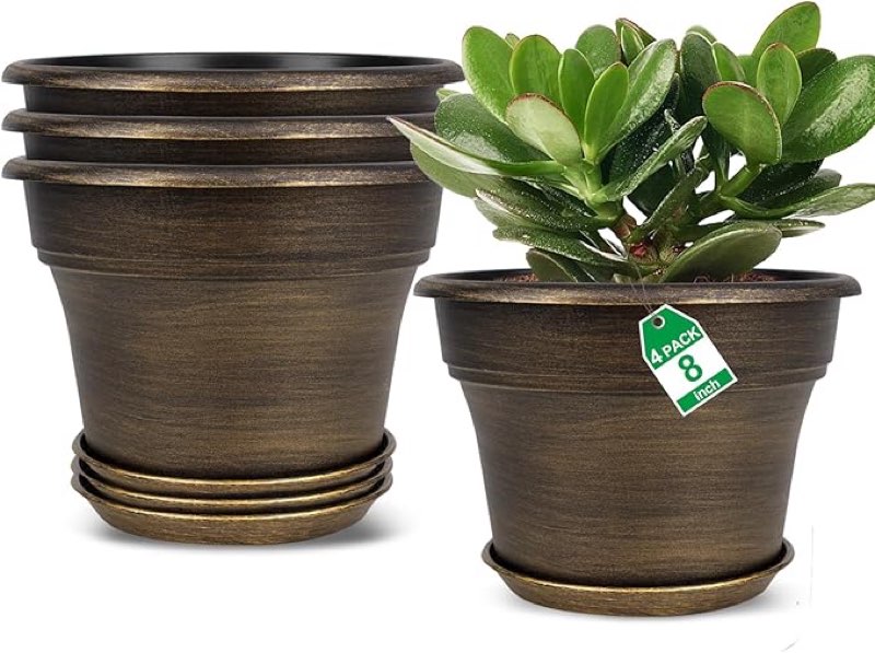 plant planters pots set of 4 pack 8 inch, plastic flower pot for indoor plants with drainage holes & trays, resin decorative container sets with saucer for house outdoor garden planters dark gold