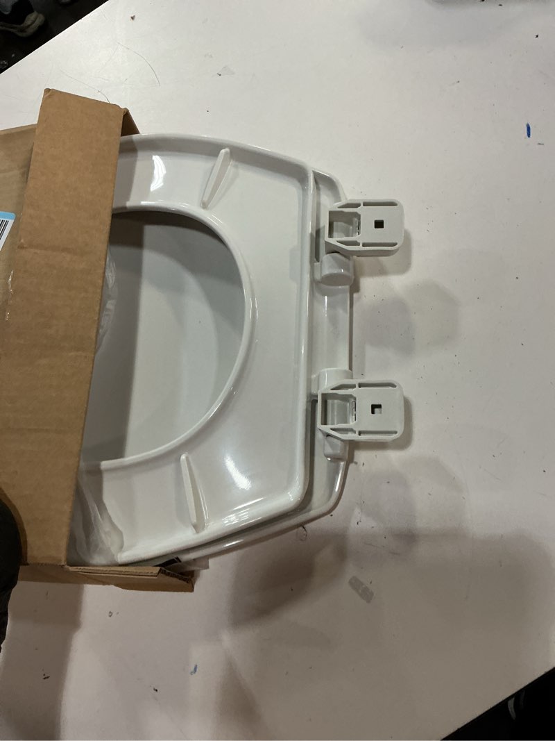 Condition photo showing As Is for mayfair caswell modern slow close toilet seat, durable plastic seat, made in usa, round, white round 1 seat