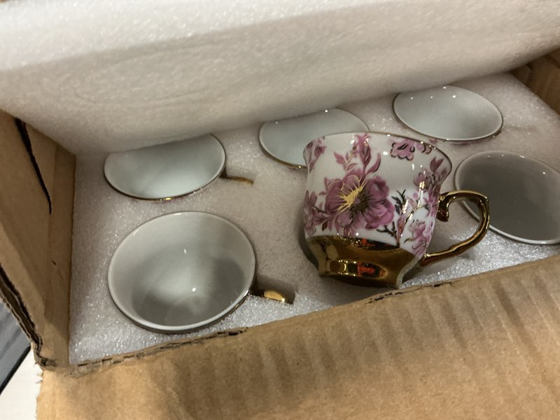 Condition photo showing Good Condition for 20 pcs porcelain tea set with metal holder, european ceramic tea set for adults, adult tea set gift, flower tea cup saucer set for party with gold flower painting (elegant purple/500ml)