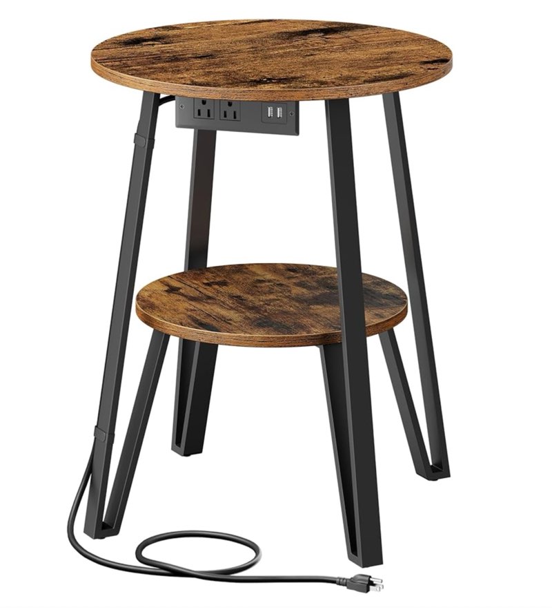 vasagle side table with charging station, 2-tier small bedside table, nightstand with power outlets, round end table, usb ports, for living room, bedroom, rustic brown ulet059k01