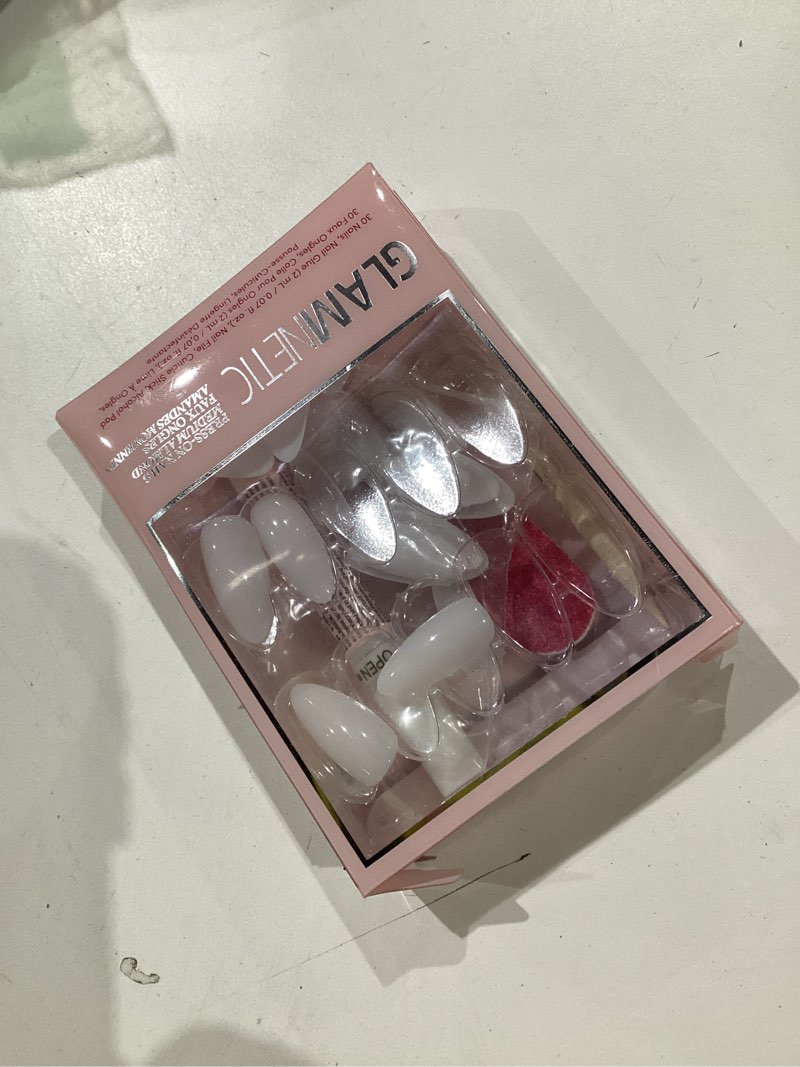 Condition photo showing New/Like New for glamnetic press on nails - medium almond fake nails, milky white nails, clouded | 15 sizes - 30 nail kit with glue 4c - clouded