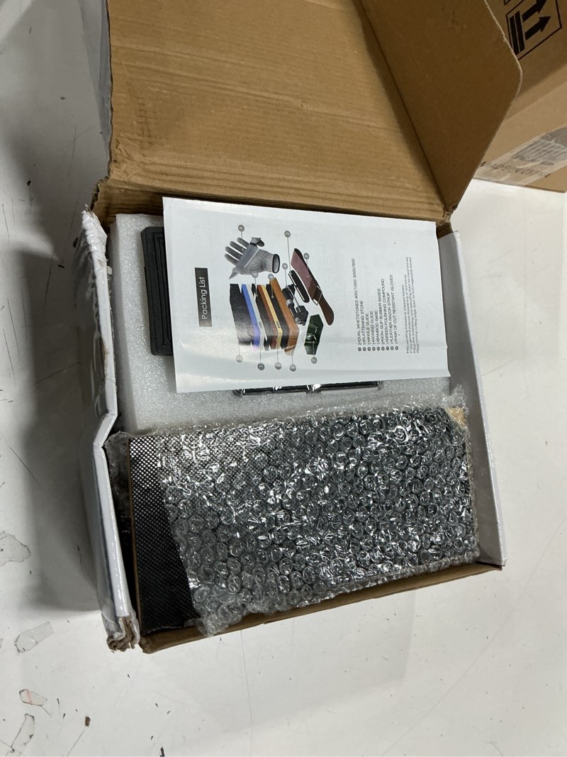 Condition photo showing New/Like New for YeopAsda Knife Sharpening Stone Kit, Premium 4 Side Grit 400/1000 3000/8000 Whetstone Knife Sharpener Tool, Non-Slip Bamboo Base,Cut Resistant Gloves, Angle Guide Blue/White Standard