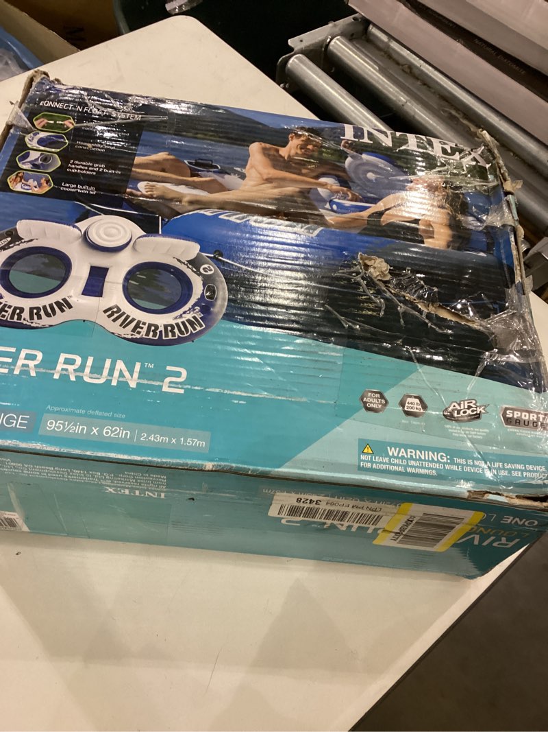 Condition photo showing Good Condition for Intex 58837EP River Run 2 Inflatable Floating Lounge: Comfortable Backrests – Built-in Cup Holders – Cooler with Lid – 2 Person – 440lb Weight Capacity River Run 2 Blue