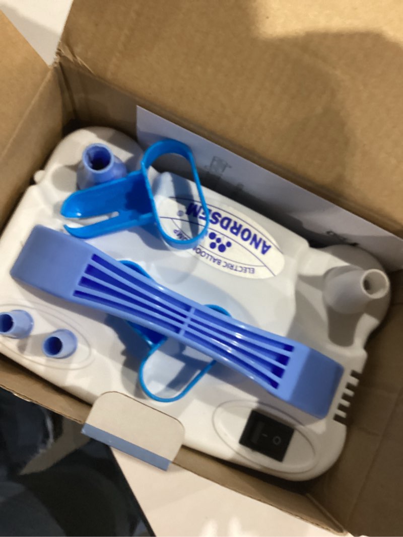 Condition photo showing As Is for Anordsem Electric Balloon Air Pump: Polypropylene Plastic Case with Dual Nozzle - Quick Inflating for All Balloons at Home - Blower Machine Knotter/Ribbon for Parents Party DIY Decoration Blue
