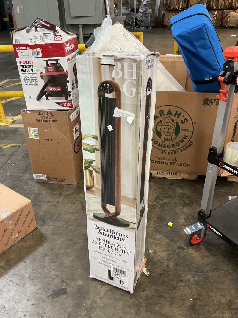 Condition photo showing Good Condition for better homes & gardens 40'' 5-speed oscillating tower fan with remote control, 3 wind modes, 12h timer, walnut & black