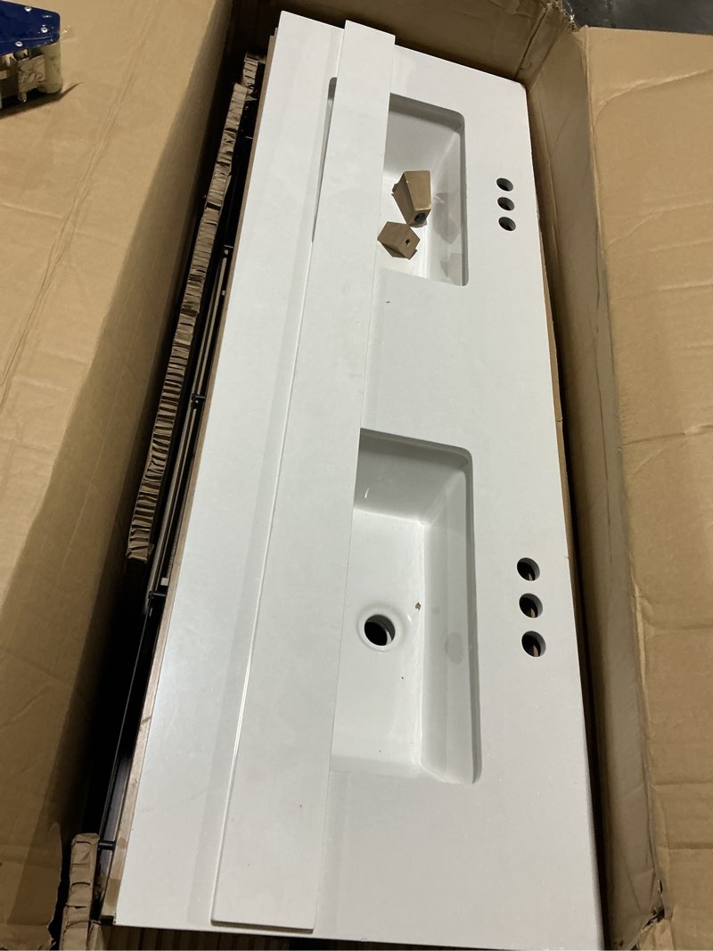 Condition photo showing As Is for style selections morriston 60-in light brown undermount double sink bathroom vanity with white engineered stone top