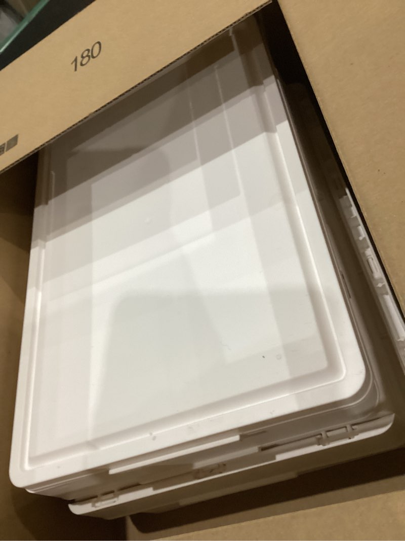 Condition photo showing As Is for 3 Tier Plastic Storage Bins with Lids 35QT, Stackable Storage Containers with Wheels, Folding Storage Boxes, Collapsible Storage Bins, Closet Organizers and Storage for Living Room,Office,Dorm White 3-Tier 36QT