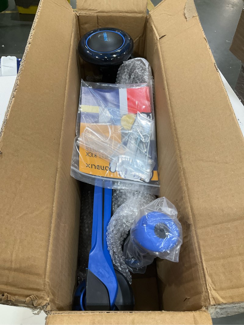 Condition photo showing Good Condition for tonbux kids scooter for age 3-12, toddler scooter with 4 adjustable heights, light up 3-wheels scooter, shock absorption design, lean to steer, balance training scooter for kids blue