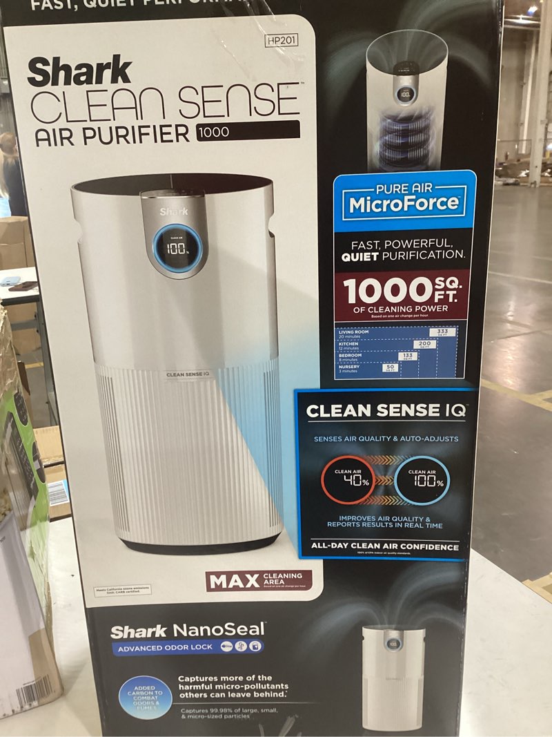 shark air purifier for home large room, clean sense technology, hepa air filter, 1000 sq ft, kitchen, filters smoke, captures 99.98% of particles, pet dander, pollutants, dust, allergens, hp201 1000 sq. ft.
