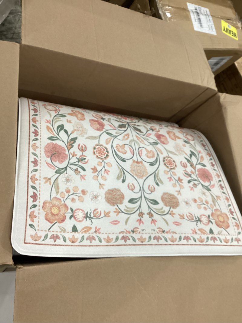 Condition photo showing Good Condition for kimode anti fatigue mats for kitchen floor non slip,farmhouse boho floral standing kitchen rugs sets of 2,comfort cushioned padded ergonomic carpet for laundry sink office,beige 17.3" x 47 "+ 17.3" x 29 "--0.47 inches beige