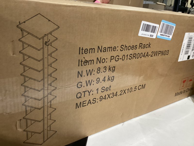 Condition photo showing Good Condition for HOMEFORT 10-Tier Vertical Shoe Rack, Corner Shoe Tower, Slim Shoe Organizer with Two Hanging Hooks, Wooden Shoe Storage Stand for Entryway, Hallway, Closet (White) White 11.02"D x 11.02"W x 62.2"H