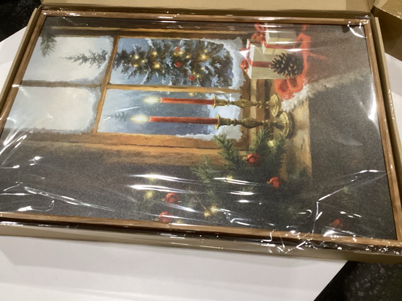 Condition photo showing New/Like New for Ausril Vintage Christmas Wall Art Set of 3, Santa Reindeer Snowy Painting, Lit Tree Candle Window Artwork for Living Room, Bedroom, Fireplace, Xmas Gifts for Home Decoration 16×24 inch