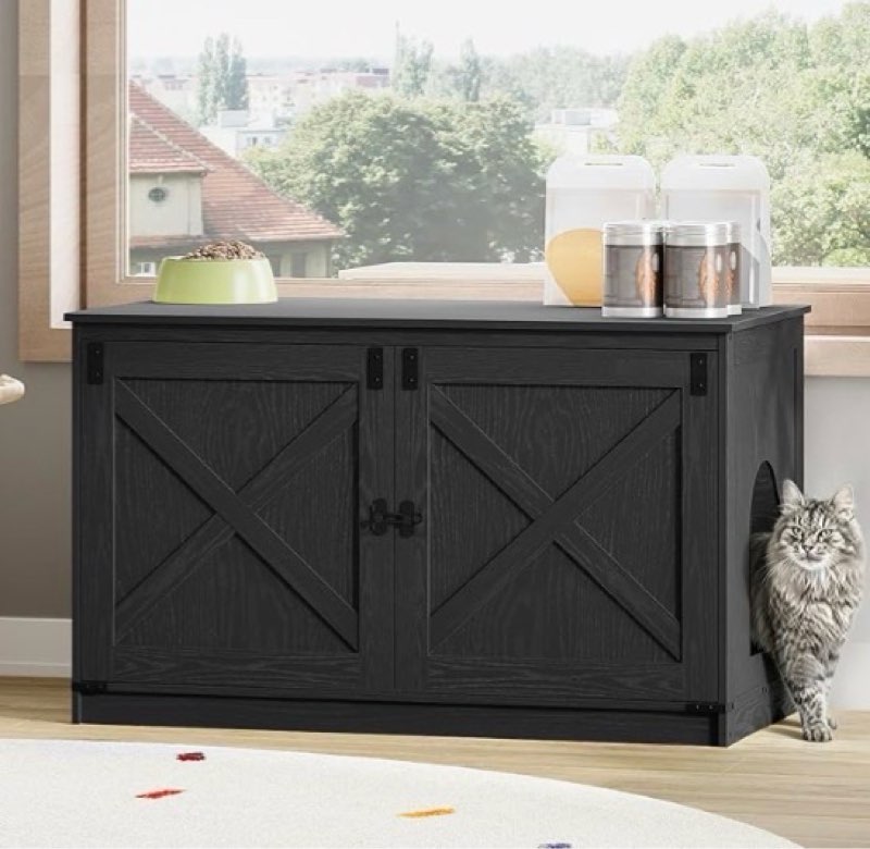 hzuaneri cat litter box enclosure with cushion, hidden litter box  furniture with removable dividers, reversible entrance left or right side, cat house, black cb84704x