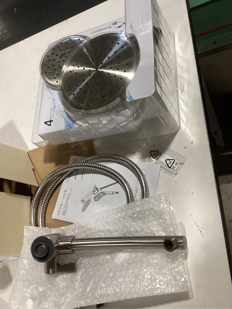 Condition photo showing As Is for allen + roth burke nickel 6.3-in dual head shower faucet bar system with 3-way diverter