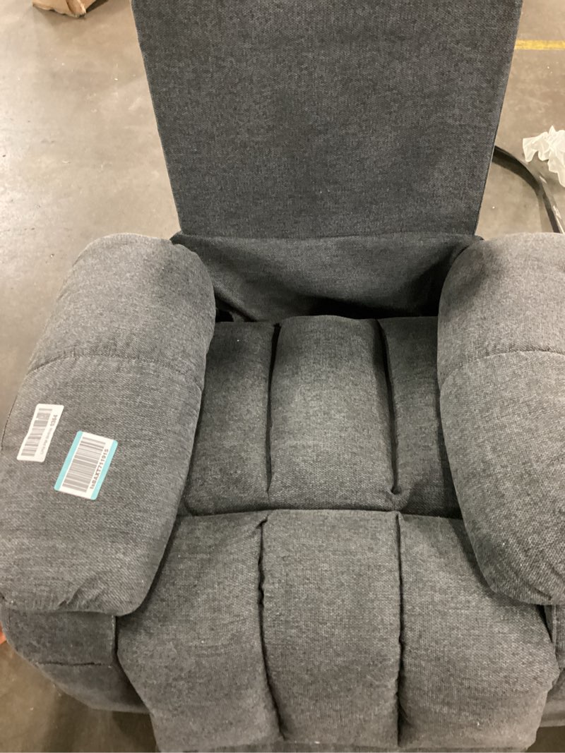 Condition photo showing As Is for dumos power lift recliner chair with vibration massage and heat for elderly, ergonomic overstuffed breathable fabric reclining chair with 3 pockets, remote control, living room, bedroom, grey dark grey