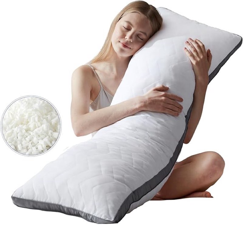 downcool quilted memory foam body pillow - large full body pillows for adults - soft long bed pillows for side sleepers - 20x54 inch (white)