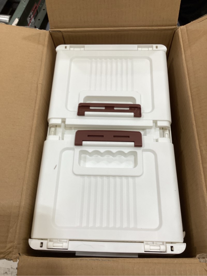 Condition photo showing As Is for 45gal/180qt 3 tier large stackable storage bins with lid and wheels, collapsible storage bins plastic with doors?suit for clothes, closet, home and office 60qt 3 pack