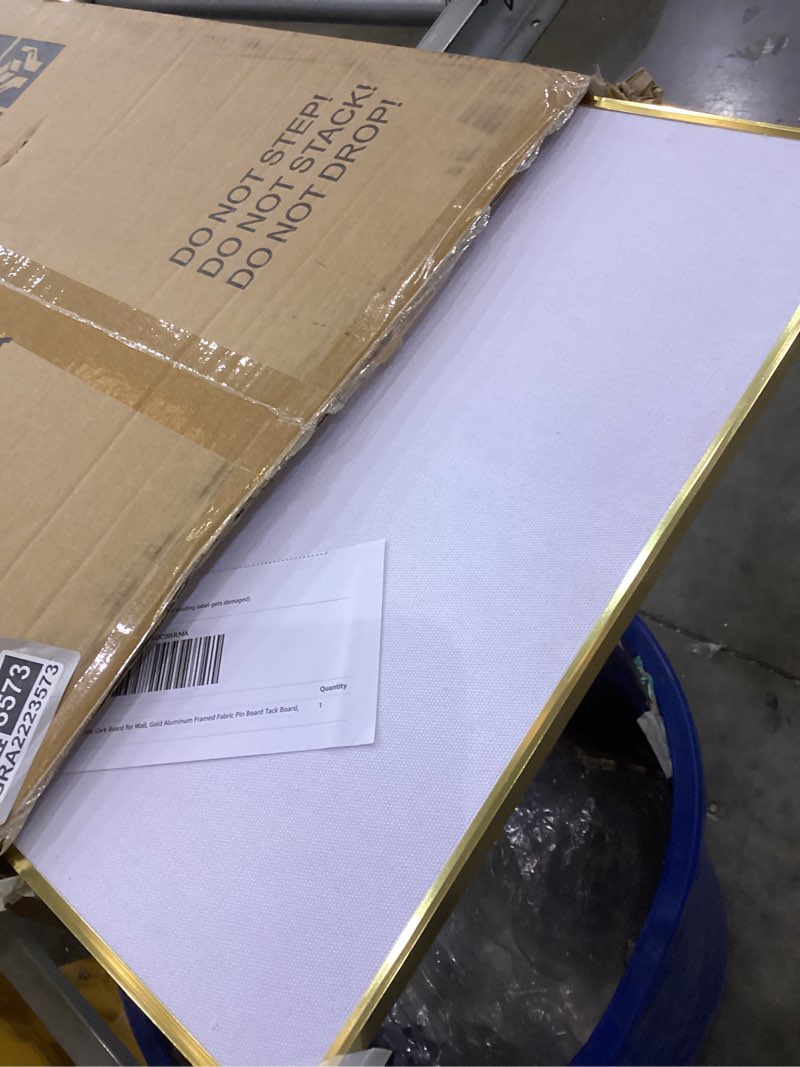 Condition photo showing Good Condition for Linen Bulletin Board 24 x18 Inches, White Cork Board for Wall, Gold Aluminum Framed Fabric Pin Board Tack Board, 10 Push Pins, White Linen White Linen 24"x18"
