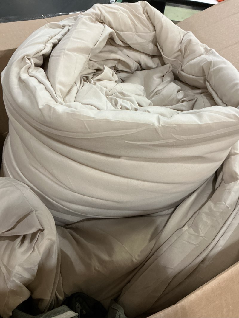 Condition photo showing As Is for rosgonia alaskan king comforter 136x120, beige, 1 extra large king size comforter oversized & 2 pill