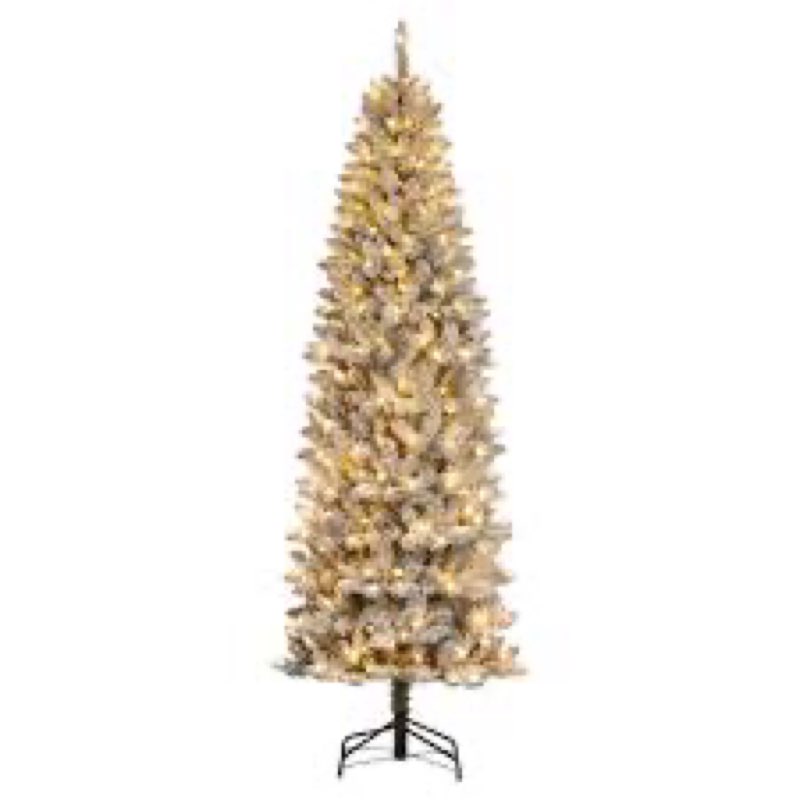 Garvee 6ft Pre-lit Artificial Christmas Tree, Snow-Flocked Pencil Xmas Tree with Warm White Lights, Snowy PVC Branch Tips, Seasonal Decoration Tree for Home Office