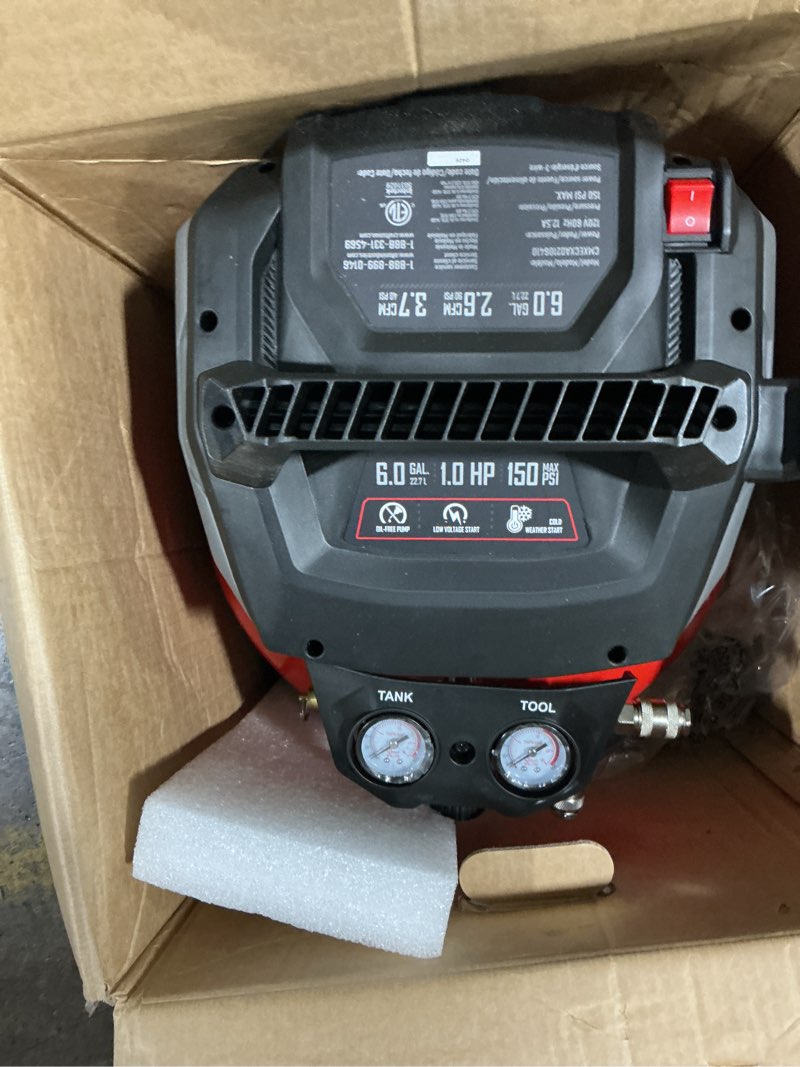 Condition photo showing As Is for craftsman 6-gallon portable electric 150 psi pancake air compressor