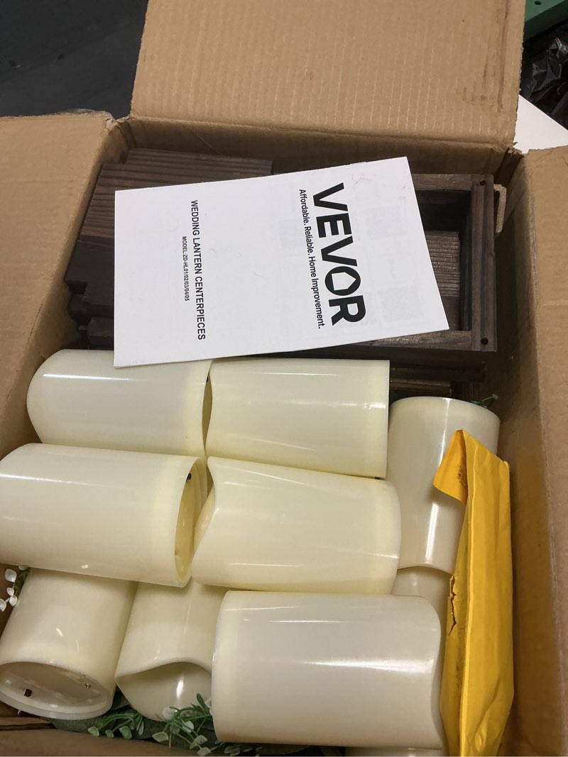 Condition photo showing New/Like New for vevor 12 set/36 pcs wooden wedding lantern centerpiece, includes 12 wooden lantern candle holder 12 flameless led candle 12 eucalyptus leaves wreath for wedding table party farmhouse decor, brown brown 12 set/36 pcs