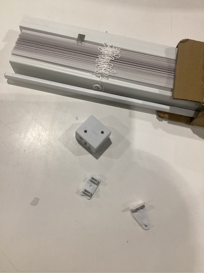 Condition photo showing As Is for cordless vinyl mini l blinds 24\" w x 36\" h, 1\" slat white horizontal windows l blind for door, shades, camper, light filtering, interiors, arrive 1/2 inch narrower indoor 24\"w x 36\"h, incomplete