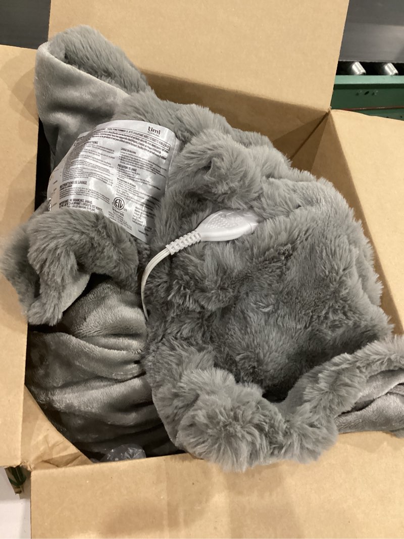 Condition photo showing As Is for westinghouse electric heated throw blanket, faux fur with 6 heating levels & auto off, soft cozy sherpa washable blanket (50" x 60", grey)