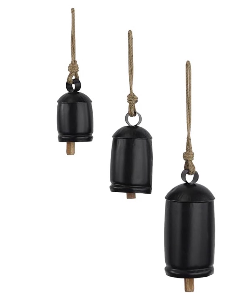 Deco 79 Metal Indoor Outdoor Tibetan Inspired Meditation Decorative Cow Bell with Jute Hanging Rope, Set of 3 10",8",6"H, Black