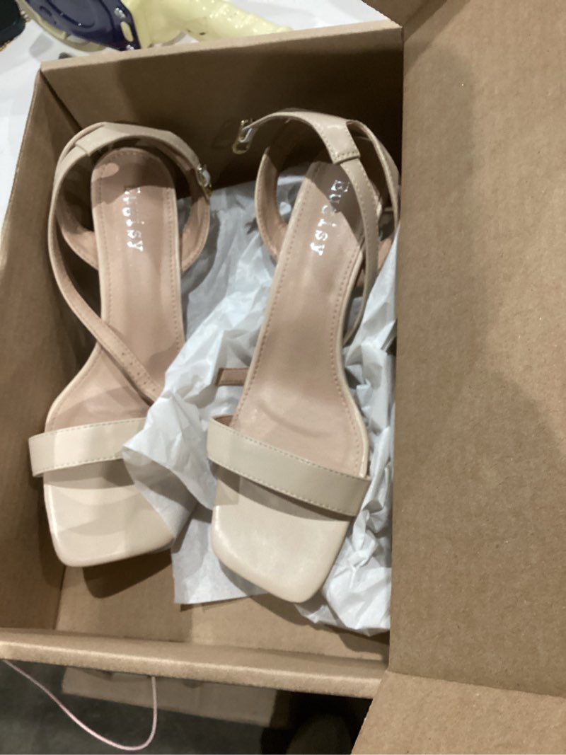 Condition photo showing Good Condition for Women's Kitten Heels Sandals Ankle Strap Square Open Toe Summer Party Dress Wedding Dance Shoes 10.5 Nude Matte