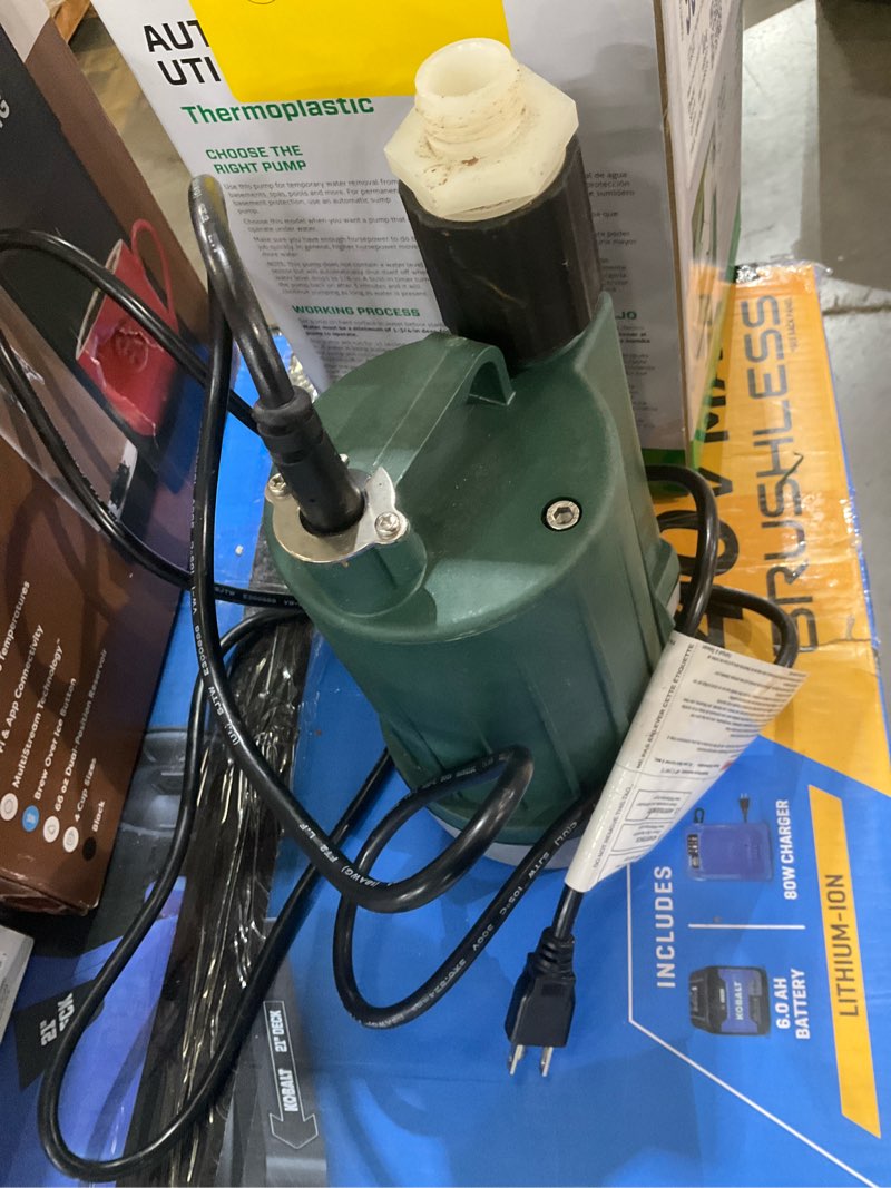 Condition photo showing As Is for zoeller 1/3 hp 2100 gph thermoplastic electronic switch bottom ac submersible utility pump