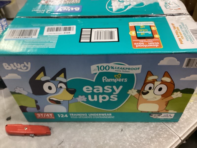 Condition photo showing New/Like New for Pampers Training Pants - Easy Ups Boys & Girls Bluey - Size 3T-4T, 124 Count, Children's Potty Underwear (Packaging May Vary) 3T-4T 124