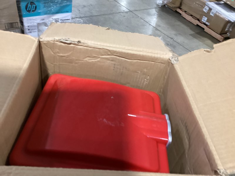 Condition photo showing As Is for pop pup popcorn machine - 2.5oz popper with stainless-steel kettle, serving tray, warming light and accessories by great northern popcorn (red)