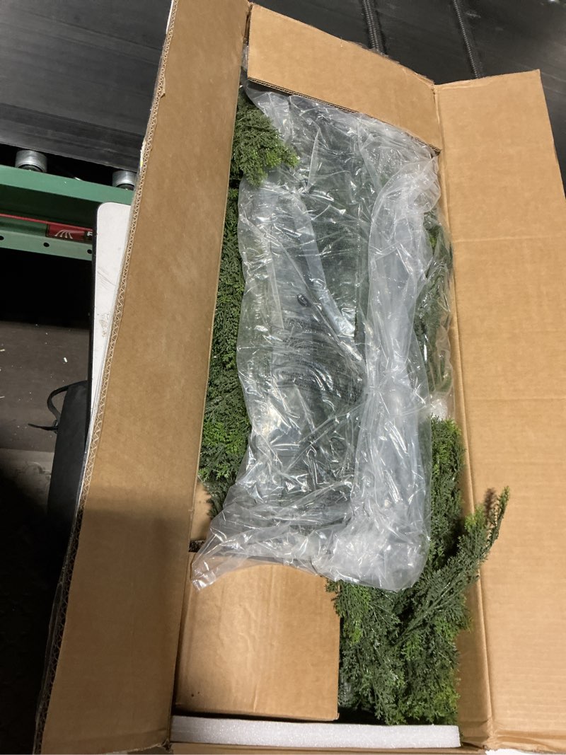 Condition photo showing Good Condition for artificial topiary cedar trees 6ft tall 2 set, indoor and outdoor faux pine shrubs plants, realistic arborvitae tree, uv resistant faux outdoor plants for home porch entryway decor.
