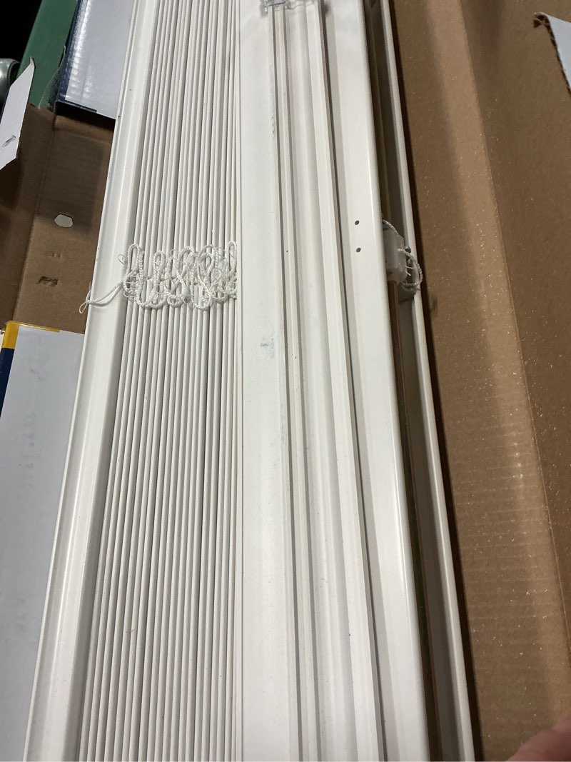 Condition photo showing As Is for levolor trim+go 2-in slat width 36-in x 64-in cordless white faux wood room darkening horizontal blinds