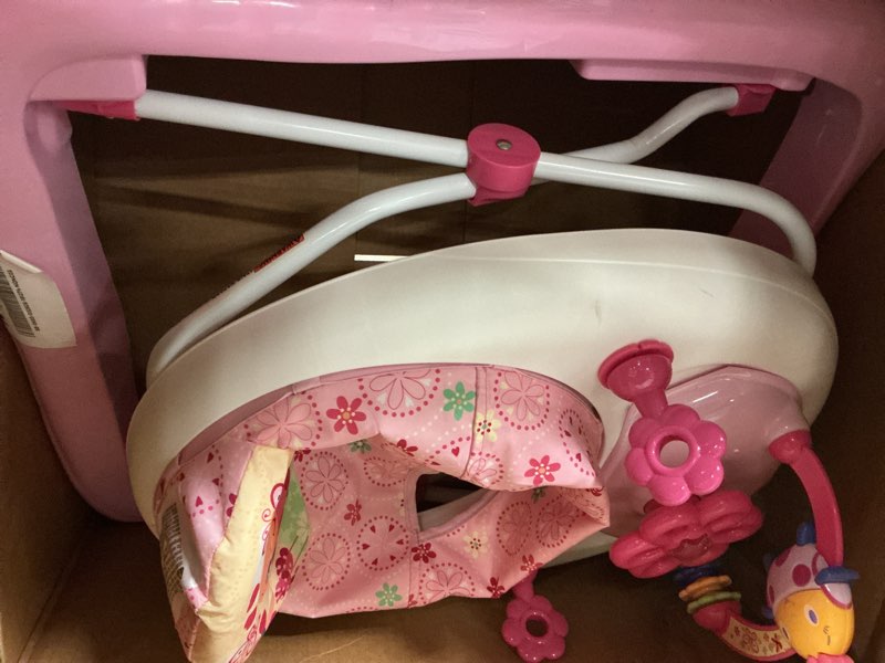 Condition photo showing As Is for bright starts juneberry walk-a-bout baby walker and entertainer, with easy fold frame for storage, ages 6 months + juneberry delight