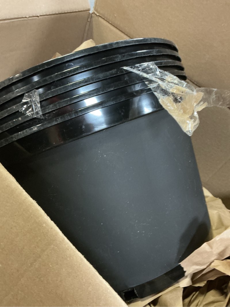 Condition photo showing As Is for 7 Gallon Plastic Nursery Pots, 15 Inch Large Plastic Pots for Plants, Round Plant Pots with Drainage Holes, Flower Pots for Outdoor Indoor Plants, Gardening Gifts for Women (5-Pack, Black) 7Gallon-5P