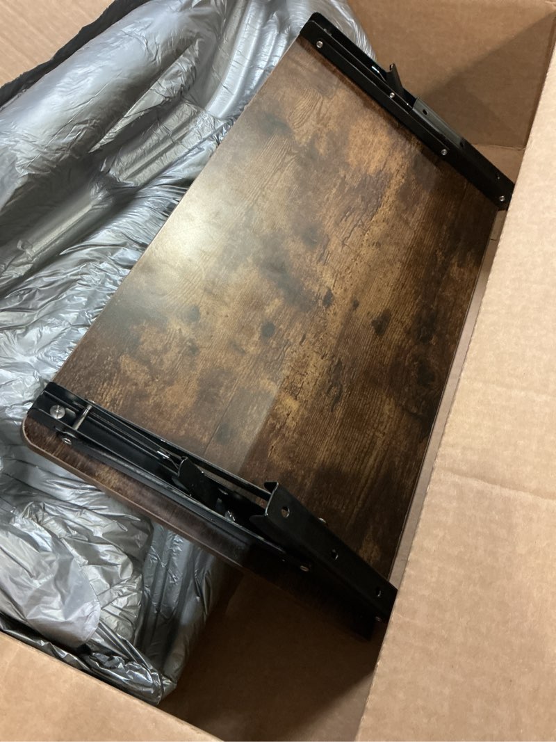 Condition photo showing Good Condition for folding shelf wall mounted for small space, rustic wooden wall table for living room bedroom decor, home office floating fold down desk, media shelves with heavy-duty brackets holds up to 55lbs brown 16.5in