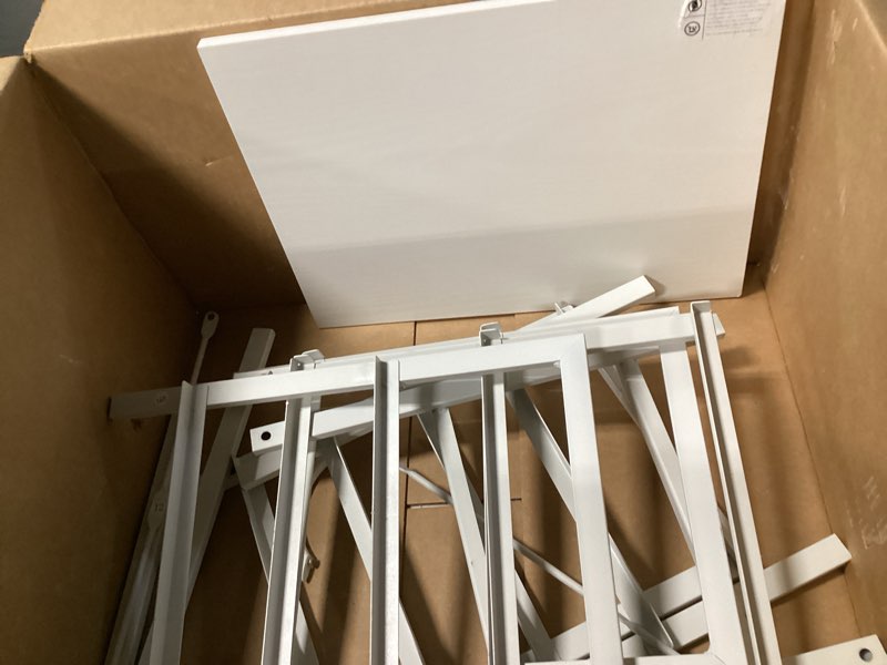 Condition photo showing As Is for 7 white fabric  and leather storage bins 14x6x10 with shelves