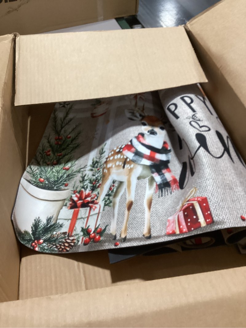 Condition photo showing As Is for Tinideya Set of 2 Grey Merry Christmas Kitchen Rugs Holly Snowman Elk Farmhouse Happy Winter Mats Non Slip Waterproof Christmas Kitchen Mats for Home Floor Decorations, 17x29 and 17x47 Inch
